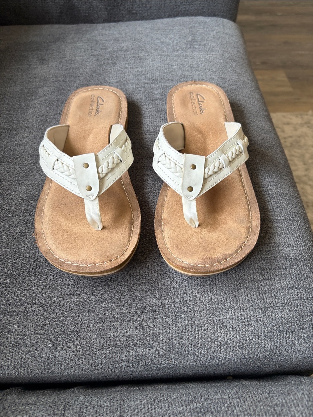 Clarks White Braided Thong Sandals with Tan Footbed
